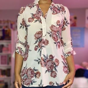 Silky Floral Button-up Top with Lace Panel